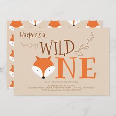 a card with an orange fox and leaves on it that says harper's a wild one