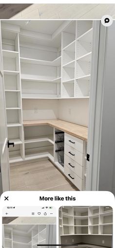 an empty closet with white shelves and drawers