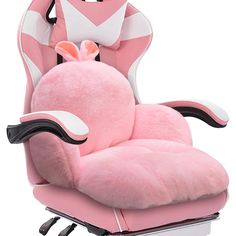 a pink and white chair with an animal shaped seat cushion on it's back