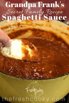 a person scooping some food out of a pot with the words grandma frank's spaghetti sauce on it