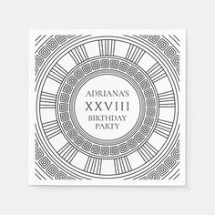 a black and white birthday party napkin with the words adrianas xxxviiii on it