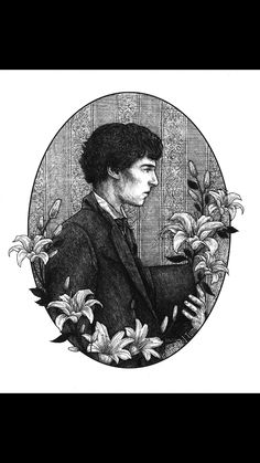 a black and white drawing of a man in a suit with flowers around his neck