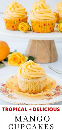 a close up of a cupcake on a plate with the words tropical and delicious mango cupcakes