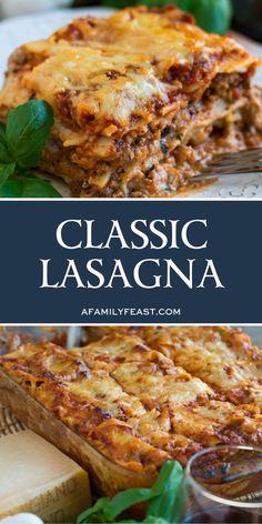 lasagna casserole on a plate with basil leaves