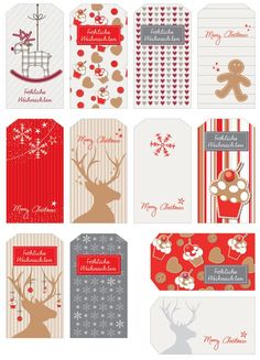 christmas gift tags with reindeers, snowflakes and hearts on the top one