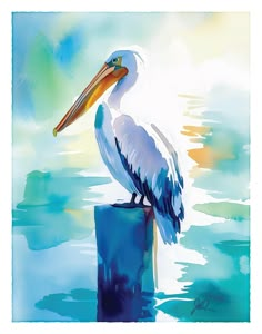 a watercolor painting of a pelican sitting on a post in the water