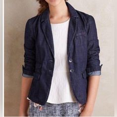 Anthropologie Pilcro Denim Blazer. Nwot Size Medium. Casual Denim Blazer, Casual Denim Blue Blazer With Pockets, Casual Dark Wash Blazer With Button Closure, Chic Denim Blazer For Spring, Fitted Casual Denim Blue Blazer, Blue Denim Blazer For Spring, Casual Spring Blazer, Casual Denim Blazer For Fall, Spring Denim Blue Blazer