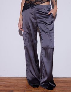 WEST OF MELROSE Womens Satin Cargo Pants - CHARCOAL | Tillys Cargo Pants Design, Satin Cargo Pants, Pants Satin, Denzel Curry, Baggy Cargo Pants, Pants Design, Satin Fabric, Cargo Pants, Straight Leg