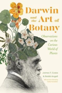 an old man with flowers on his head in front of the words darwin and the art of bohany