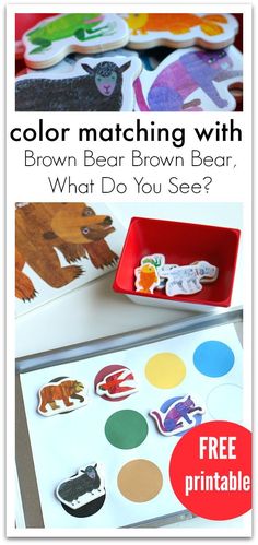 Color Matching Activity for Brown Bear Brown Bear, What Do You See? FREE Printable More Circle Time Activities, Color Unit, Rhyming Activities, Preschool Colors, Printables For Kids, Math Center Activities