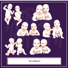 an image of babys in different poses on a blue and purple background with leaves