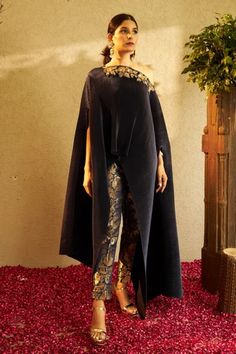 Shop for Tasuvure Indies Blue Pleated Cape And Brocade Pant Set for Women Online at Aza Fashions Partywear Coord Sets For Women, Brocade Pants Outfit Indian, Brocade Cord Set, Brocade Pants Outfit, Asymmetric Cape, Brocade Pants, Salwar Design, Indo Western Outfits For Women, Floral Cape