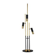 a black and gold floor lamp with three lights on each side, one light is turned on