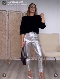 Metallic Nye Outfit, Silver Metallic Joggers Outfit, Silver Metallic Jeans, Silver Trousers Outfits Party, Silver Glitter Pants Outfit, Silver Coated Jeans Outfit, Silver Winter Outfit, Silver Pants Christmas Outfit, Silver Pants Holiday Outfit