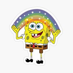 a cartoon spongebob holding his hands up in front of a rainbow and stars