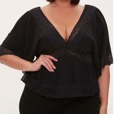 Woven Top Featuring Lace Trim, Plunging Neckline, Short Sleeves, Front Button Closures, And A Split Hem. - Shell 1: 100% Rayon - Shell 2: 92% Polyester, 8% Spandex - Hand Wash Cold New With Tags Great Top For A Night Out Or Work. Forever 21 Plus Size, Paisley Print Blouse, Lace Trim Top, Floral Sleeveless Top, Womens Fashion Inspiration, Trim Top, Black Long Sleeve Top, Forever21 Tops, Woven Top