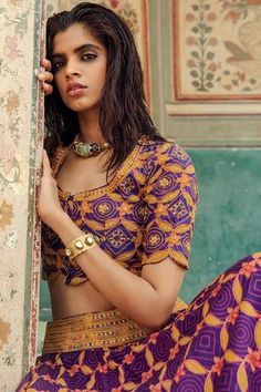 Shop for Swati Vijaivargie Purple Chanderi Silk Floral Motif Lehenga Set for Women Online at Aza Fashions Purple Lehenga, Embroidered Border, Scallop Hem, Geometric Motifs, Floral Geometric, Embroidered Neckline, Silk Embroidery, Scalloped Hem, Embroidered Blouse