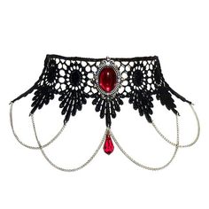 The Ruby red version of the Sinistra choker was featured in Devolution magazine's alt-wedding bride supplement! This choker combines the elegance of black venise lace with a Ruby red cabochon set in a beautifully decorative mount (35 x 25 mm). The draped silver chains accent the neckline and the central Swarovski crystal (10 x 18 mm) shimmers, catching the light. The lace is finished off securely with an extender chain which allows the necklace/choker to be worn at any size from 13 to 15.5 inche Ruby Red Jewelry, Red Ruby Necklace, Cameo Choker Necklace, Red Choker Necklace, Goth Choker Necklaces, Gothic Choker Necklace, Red Choker, Gothic Choker, Red Gothic