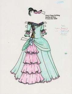 a drawing of a woman's dress in pastel blue, pink and green