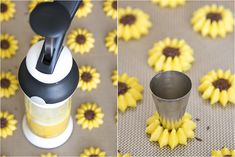 sunflowers are being used to make flower petals for the vase and cup holder