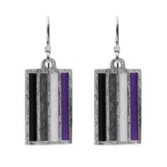 Badali Jewelry's artist Hillarie Gowers created our Asexual PRIDE flag earrings. The charms are hand enameled with black, grey, white, and purple colors of Asexual Pride. 5% of all pride jewelry sales will be donated to a local LGBTQ+ charity. Details: The Asexual Pride Earrings are sterling silver and are a dangle style. The flag charms measures 28 mm long, 15.6 mm wide, and 1.3 mm thick and weighs 4.3 grams each. The backs of the charms are textured and stamped with our makers mark, copyright, Flag Earrings, Pride Jewelry, Lgbtqia Pride, Pride Jewellery, Asexual Pride, Retail Jewelry, Pride Flag, Pride Flags, Artistic Jewelry