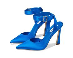 Steve Madden Sarantos Pump | Zappos.com Blue Satin Heels, Red Strappy Heels, Heels Steve Madden, Chunky Heel Pumps, Spool Heel, Fancy Shoes, Blue Pumps, Satin Heels, Satin Pumps