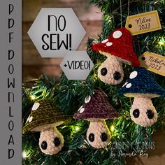 a group of stuffed animals hanging from a christmas tree with no sew tags on them