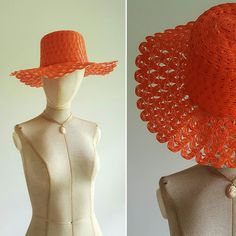 Absolutely darling vintage hat in crushproof woven plastic features a lacy weave and bright pop of bright orange -- and is so detailed it looks just like raffia! Excellent condition. Perfect with everything from swimwear to dresses. Era: 1960s/1970s Head circumference of mannequin: about 21 inches Lightweight Straw Hat For Spring Beachwear, Bohemian Straw Hat For Spring And Summer, Handmade Straw Hat For Spring Vacation, Orange Summer Hat For Beach Season, Red Straw Hat For Spring Beach, Orange Summer Sun Hat For Vacation, Orange Summer Hat, Adjustable Orange Straw Hat For Summer, Orange Brimmed Sun Hat For Summer