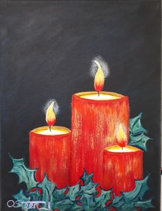 three red candles with holly leaves on a black background, painted in acrylic paint