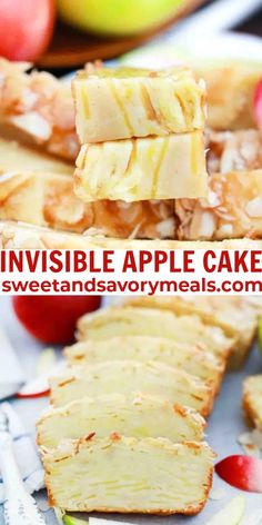 several slices of apple cake on a plate with apples in the background and text overlay that reads invisible apple cake