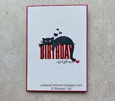 a birthday card with an image of a black cat on it's back and the words happy birthday written in red