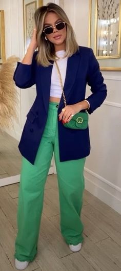 Stylish Outfits 2023 Spring, Hot Pink Bag Outfit Summer, Colourful Blazer Outfits For Women, Colourful Blazer Outfit, Blue And Gold Outfits Casual, Colorful Business Casual Summer, Bold Work Outfits, Business Casual Outfits For Women Colorful, Green Blouse Outfit Work