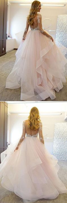 Elegant A-Line Long Sleeves Tulle Wedding Dresses With Appliques WD036 #tulle #weddingdresses #a-line #longsleeves #weddings #weddingdress #bridalgown Wedding Dresses Pink, Sarah King, Custom Made Prom Dress, Dress Sleeves, Ruffle Wedding Dress, Wedding Dresses 2018, Custom Prom Dress, Pink Wedding Dresses, Prom Dresses 2019