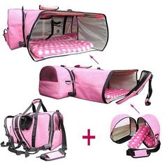 the pink polka dot dog carrier and travel bag are shown with matching accessories for dogs