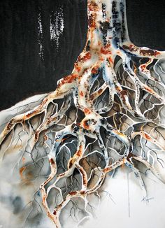 a painting of a tree with its roots exposed