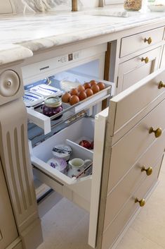 an open refrigerator with eggs in it