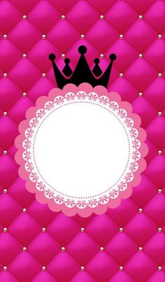 a pink and black background with a crown on it's head, surrounded by pearls