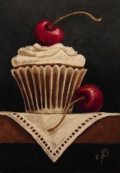 a painting of two cherries on top of a cupcake with white frosting