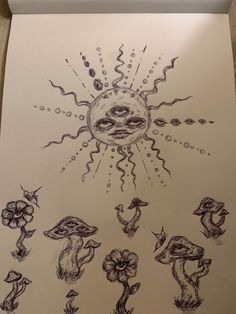 the sun is surrounded by many different drawings