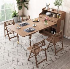 a wooden table with chairs and plates on it in front of a potted plant