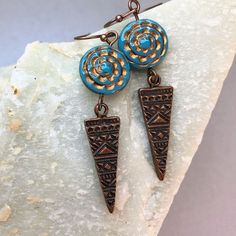 Turquoise Bead Copper Earrings Aztec Style Dagger Charms - Etsy Aztec Style, Winter Earrings, Boho Chic Earrings, Reno Nv, Chic Earrings, Coastal Cowgirl, Handmade Jewelry Gift, Bohemian Earrings, Beaded Dangle Earrings