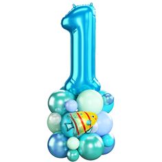 the number one balloon is blue and has balloons around it that are shaped like fish