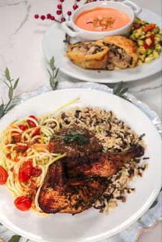 two plates of food with meat, rice and vegetables