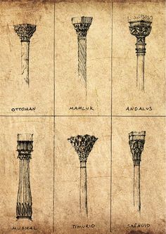 four different types of columns and pillars on parchment paper, with the names of them