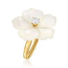 Ross-Simons - Italian Mother-of-Pearl, .30ct Cubic Zirconia Flower Ring Over Sterling. Size 6. A gorgeous statement piece for your jewelry box, this ring features a silky 23x23mm carved mother-of-pearl flower embellished with a radiant .30 carat round brilliant-cut CZ center. Made in Italy in polished 18kt yellow gold over sterling silver. 7/8" wide. CZ and mother-of-pearl flower ring. CZ weights are diamond equivalents. Pearl birthstones are the perfect gift for June birthdays. Pearl Flower Ring, Pearl Birthstone, Pearl Flower, Flower Ring, Pearl Ring, Flower Earrings, Round Brilliant, Mother Of Pearl, Jewelry Box