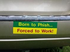 a sticker on the bumper of a car that says, born to phih forced to work