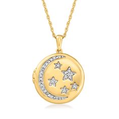 Ross-Simons - .10ct t. w. Diamond Celestial Locket Necklace Over Sterling. 18". Keep a picture of whoever it is that makes your world go round close to your heart with this celestial locket necklace. Features a crescent moon and sky full of stars shimmering with .10 ct. t. w. round diamonds. Crafted in 18kt yellow gold over sterling silver. Suspends from a rope chain with a 2" extender. Accommodates a 9/16" photo inside. Springring clasp, diamond celestial locket necklace. Diamond birthstones ar Locket Pendant Necklace, Celestial Necklace, Diamond Birthstone, Boot Jewelry, Locket Necklace, Diamond Stone, Pendant Jewelry, Locket, Round Diamonds