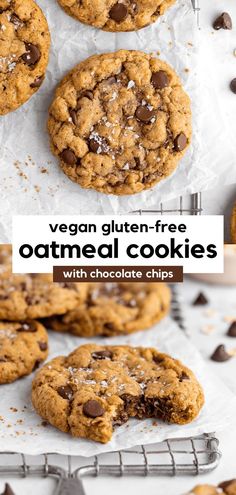 vegan gluten - free oatmeal cookies with chocolate chips on top