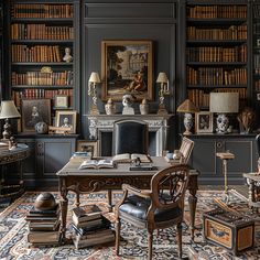 a room with many bookshelves filled with lots of books and furniture in it