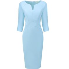 This dress can be a perfect addition to almost any outfit from formal to daily wear, great for work, meetings, offices, businesses, work, parties, cocktails, weddings, casual, everyday dressing, etc. Keep your look elegant and stylish in summer weather with this sheath dress from Hobemty, featuring a hidden zipper at the front and cross waist-lined for a sheath fit. Pair with a delicate necklace and heels for a chic office look. Comfortable and classic, this sheath Pencil dress is perfect on its Formal Light Blue Fitted Bodycon Dress, Light Blue Knee-length Midi Dress For Work, Formal Blue Dress 3/4 Length, Fitted Half Sleeve Midi Dress For Office, Fitted Light Blue Midi Dress For Office, Light Blue Fitted Midi Dress For Office, Office Midi Dress Fitted With 3/4 Sleeve, Fitted Midi Dress With 3/4 Sleeve For Office, Fitted Light Blue Midi Dress For Work